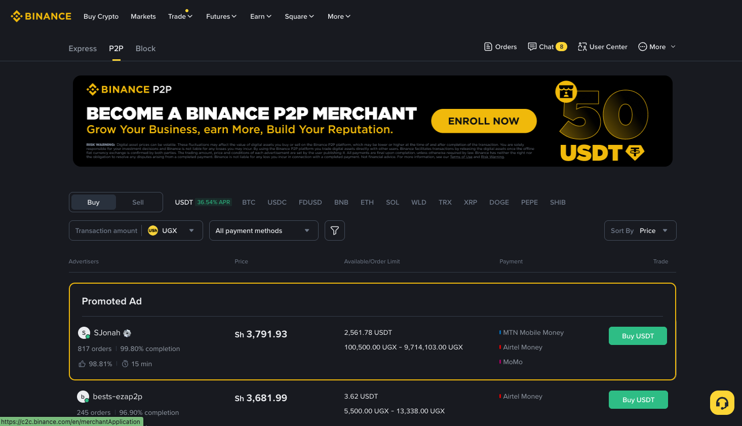 Binance P2P marketplace listings — the escrow-backed peer-to-peer style a Paxful clone script rebuilds