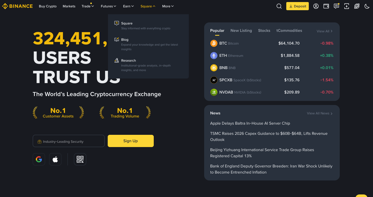 Binance spot exchange homepage — the professional trading venue style a Binance clone script replicates