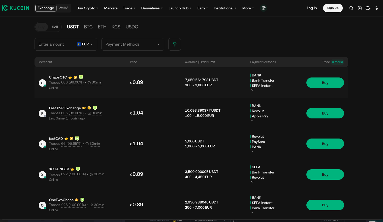 KuCoin P2P over-the-counter trading interface — the reputation-driven OTC style a LocalBitcoins clone script targets
