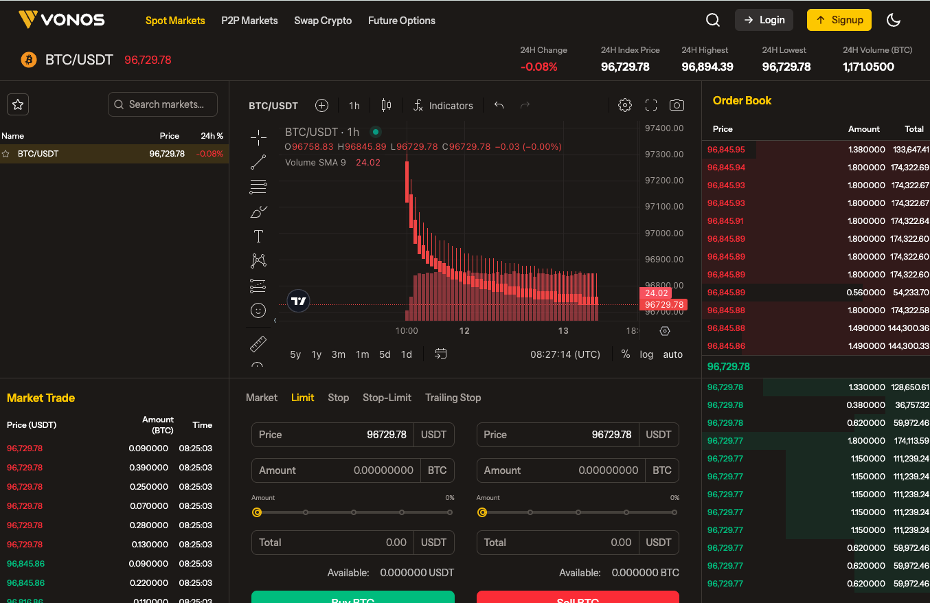Vonex spot trading terminal with live order book, TradingView chart, and advanced order ticket